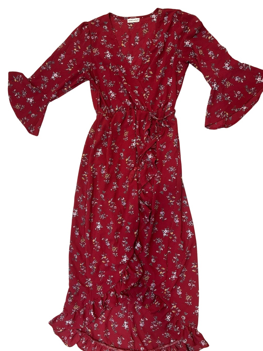 Inspired Hearts Burgundy Floral Wrap Dress with Flowy 3/4 Sleeves